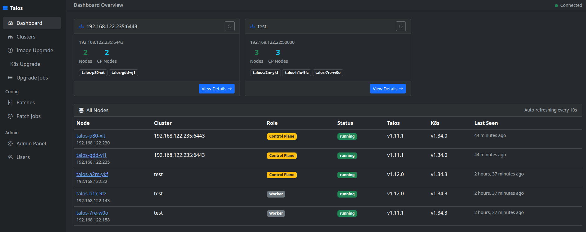 Talos Dashboard overview showing cluster list with node counts and status