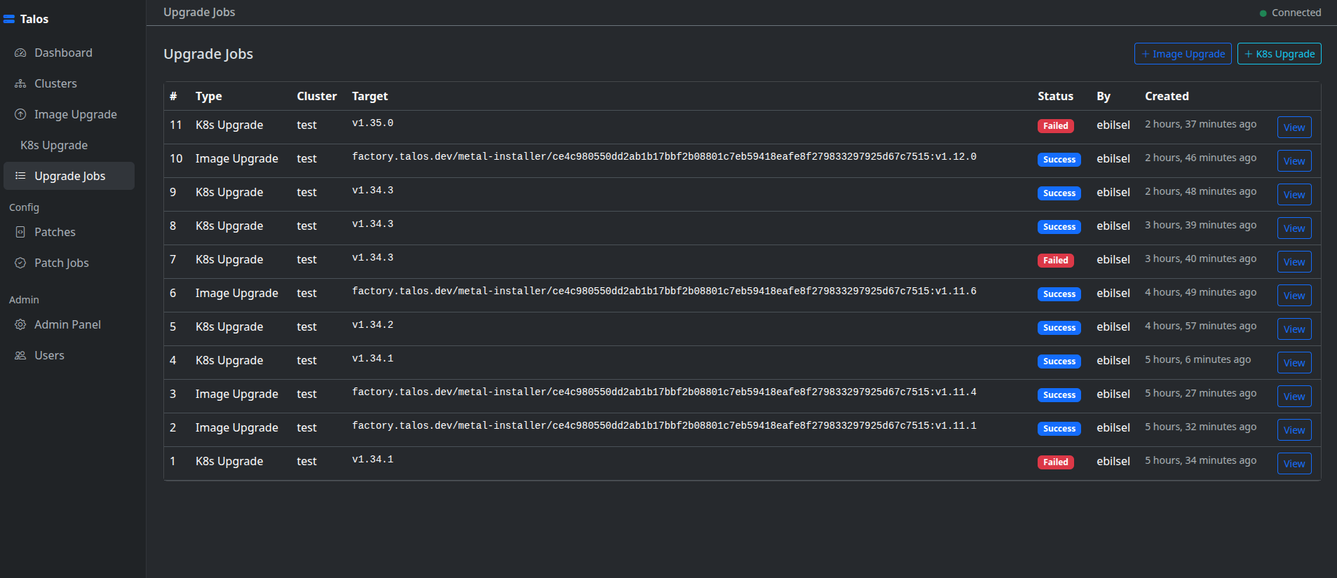 Upgrade jobs history page with status, timestamps, and console log replay