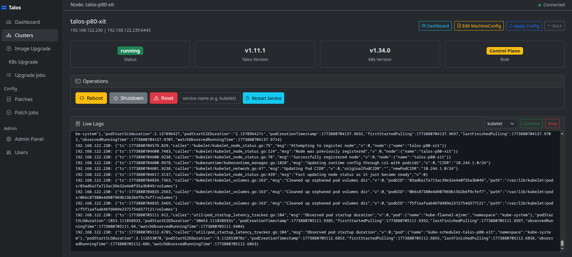 Cluster and node detail page with node operations and live log streaming