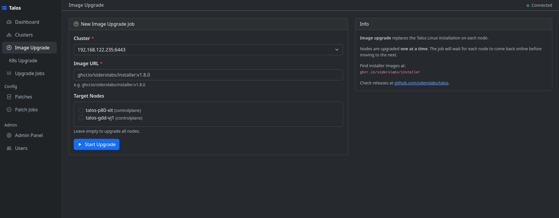 Talos OS image upgrade screen with real-time streaming console output