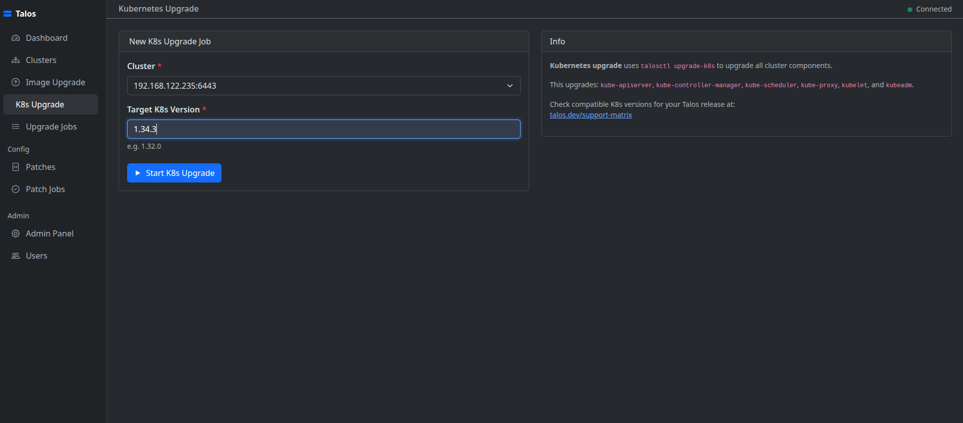 Kubernetes control plane upgrade with live log streaming in the browser