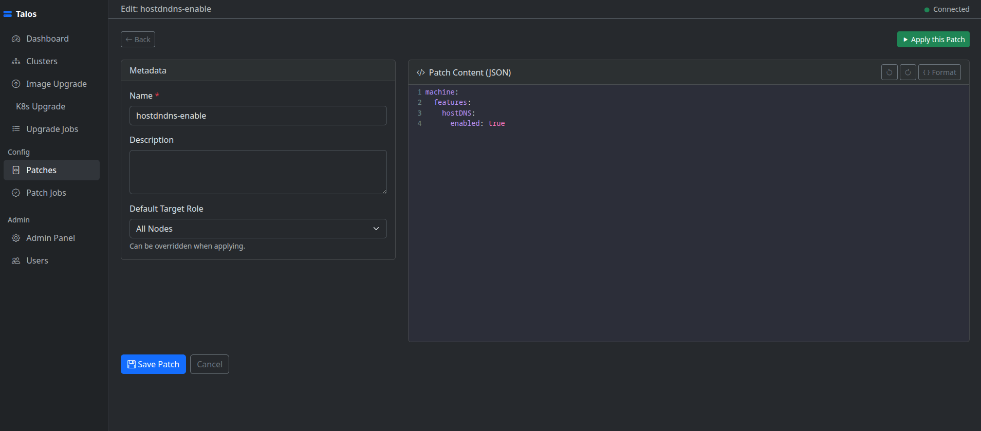 Patch management screen applying JSON or YAML patches to Talos nodes
